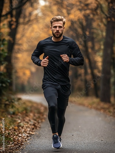 A passionate runner dressed in cozy attire strides energetically along a trail, driven by a strong commitment to fitness.