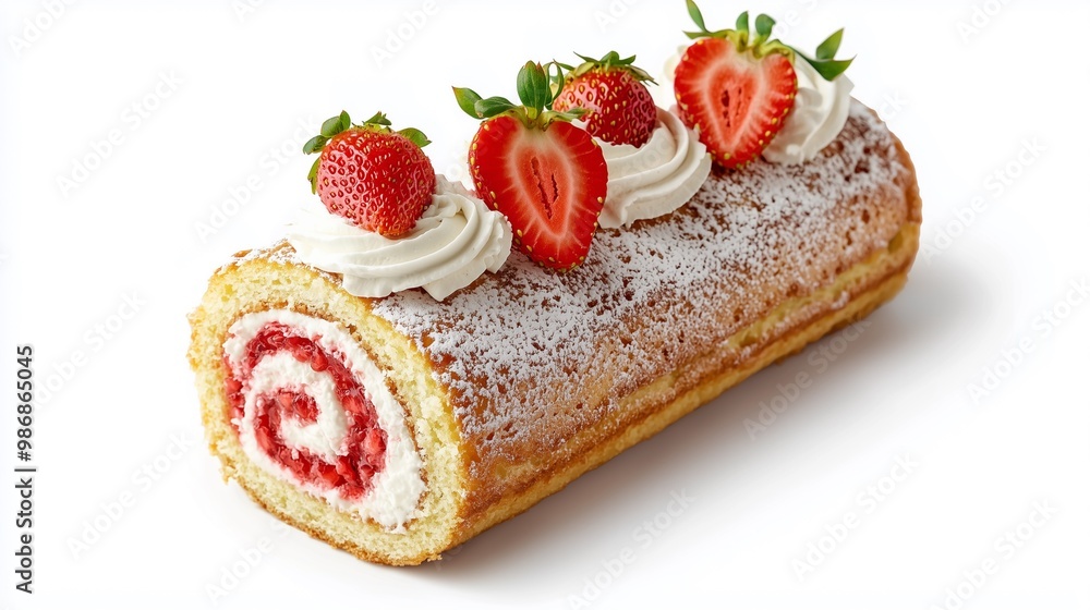 Delicious strawberry roll cake topped with fresh strawberries and whipped cream, perfect for dessert lovers and celebrations Delicious strawberry roll cake topped with fresh strawberries and whipped cream, perfect for dessert lovers and celebrations