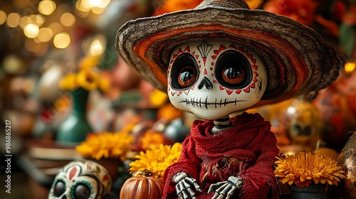 A sugar skull doll in a sombrero with large eyes and a red scarf sits with a pumpkin and marigolds in front of it.