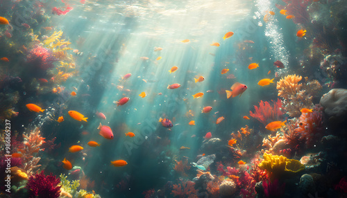 A dreamy underwater scene with schools of colorful fish, corals, and rays of sunlight penetrating through the water’s surface