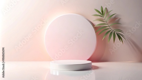 Minimalist White Product Display with Palm Leaf on Pink Background
