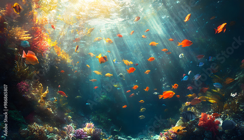 A dreamy underwater scene with schools of colorful fish, corals, and rays of sunlight penetrating through the water’s surface