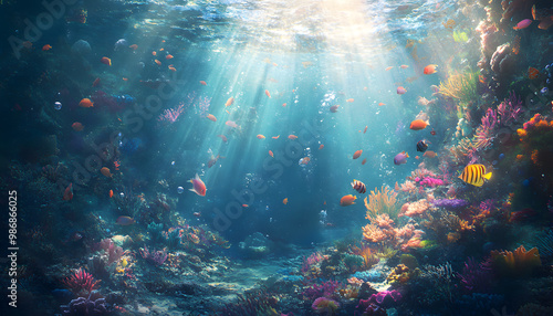 A dreamy underwater scene with schools of colorful fish, corals, and rays of sunlight penetrating through the water’s surface