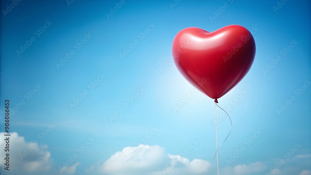 Red Heart Balloon Floating in Blue Sky with Clouds Red Heart Balloon Floating in Blue Sky with Clouds