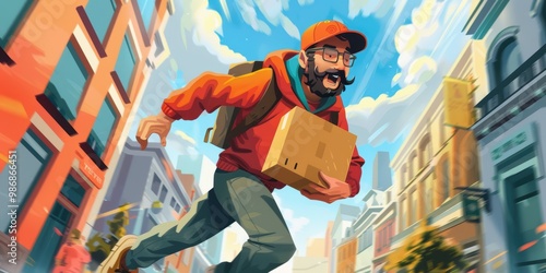 Delivery Man Running Through City