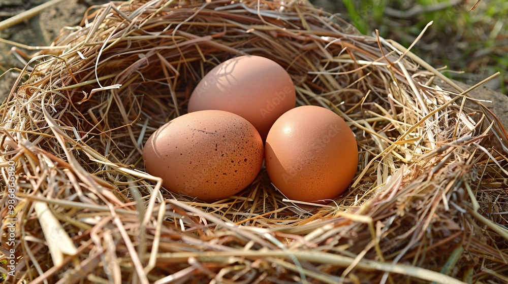 Three poultry eggs nestled in a bed of straw. Three poultry eggs nestled in a bed of straw.