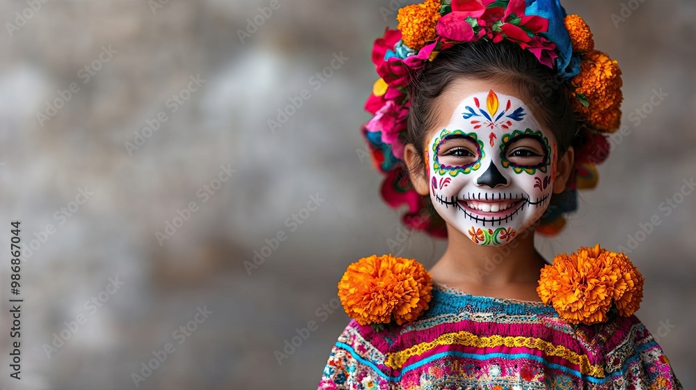 A smiling girl with colorful face paint and vibrant flowers in her hair, celebrating Dia de los Muertos with traditional attire. A smiling girl with colorful face paint and vibrant flowers in her hair, celebrating Dia de los Muertos with traditional attire.