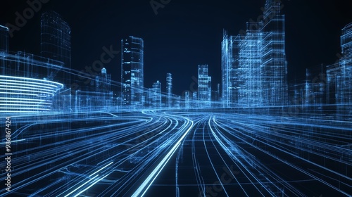 Low-poly construction of an expressway with dynamic car headlights creating vibrant light effects against a blue background, representing modern transportation and technology