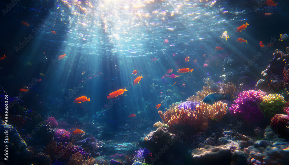 A dreamy underwater scene with schools of colorful fish, corals, and rays of sunlight penetrating through the water’s surface A dreamy underwater scene with schools of colorful fish, corals, and rays of sunlight penetrating through the water’s surface