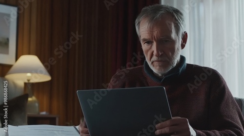 Serious senior accountant attentively examining the company's budget and documents on a laptop screen while sitting in the living room, preparing an annual report and managing finances efficiently photo