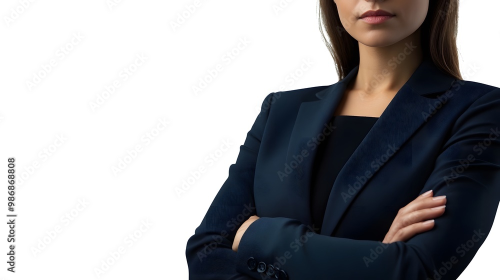 Businesswoman in a suit with crossed arms, isolated on a white transparent background, PNG format. Businesswoman in a suit with crossed arms, isolated on a white transparent background, PNG format.