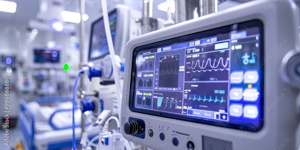 Close-up of a ventilator's display screen with patient information and control settings, surrounded by life support apparatus and medical equipment in a hospital setting Close-up of a ventilator's display screen with patient information and control settings, surrounded by life support apparatus and medical equipment in a hospital setting