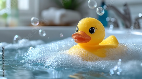 A yellow rubber duck floats in a bathtub full of bubbles, surrounded by water and foam.