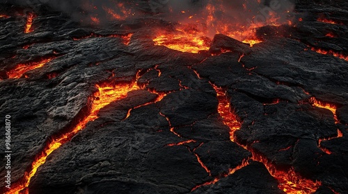 Dramatic volcanic landscape with flowing magma, cracks in the ground, and inferno effects over a seamless rock background.