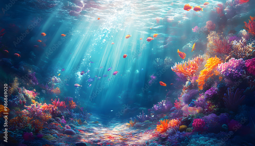 A dreamy underwater scene with schools of colorful fish, corals, and rays of sunlight penetrating through the water’s surface A dreamy underwater scene with schools of colorful fish, corals, and rays of sunlight penetrating through the water’s surface