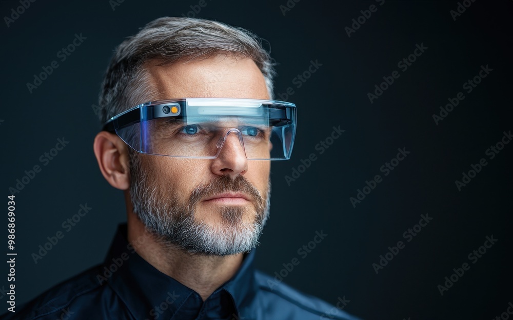 A focused man wearing advanced smart glasses, showcasing innovation and ...