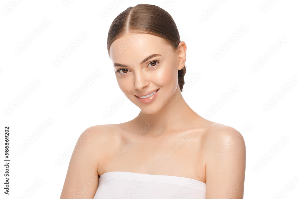 Beauty woman with brown eyes looking at camera. Beautiful model with perfect clean fresh skin. Skin care treatment or cosmetic ads Beauty woman with brown eyes looking at camera. Beautiful model with perfect clean fresh skin. Skin care treatment or cosmetic ads