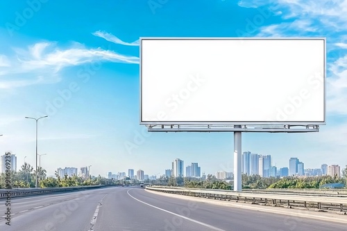 Blank billboard on the side of a major highway, surrounded by open road and distant city skyline, perfect for outdoor ad mockup