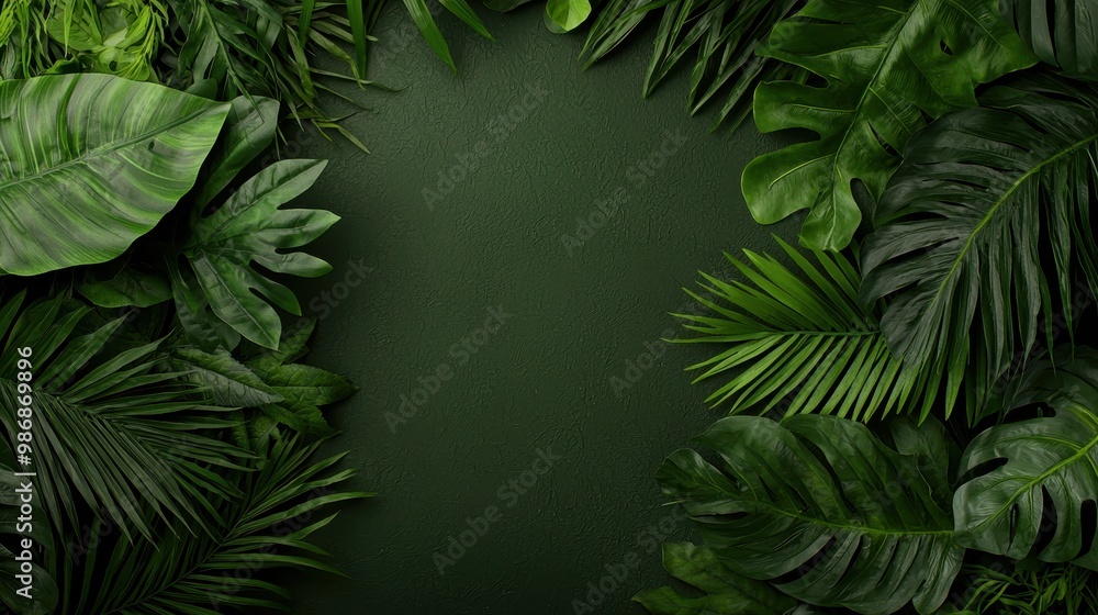Green Tropical Leaves Frame on Dark Green Background Green Tropical Leaves Frame on Dark Green Background