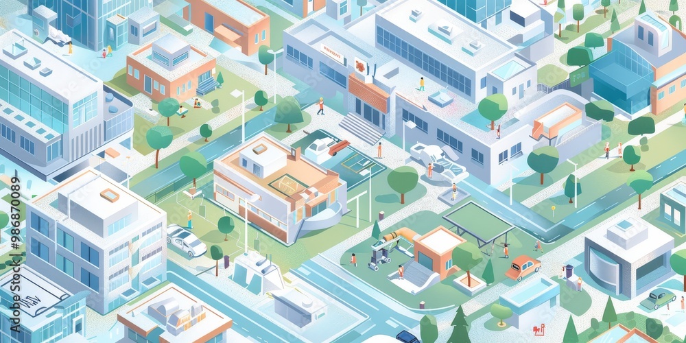 Detailed depiction of a hospital with various departments: pediatric ...