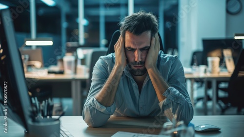 Melancholic Workspace: A man at his computer shows deep sadness, melancholic expression.