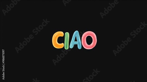 Word or title of "Ciao" lettering drawn with colorful chalk on black background, idea for school learning process