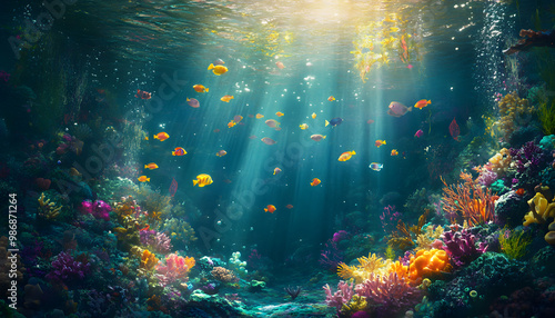 A dreamy underwater scene with schools of colorful fish, corals, and rays of sunlight penetrating through the water’s surface