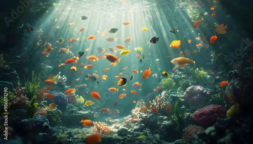 A dreamy underwater scene with schools of colorful fish, corals, and rays of sunlight penetrating through the water’s surface