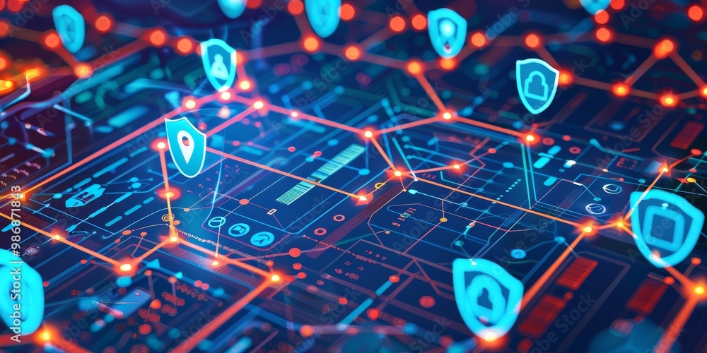Fototapeta premium Abstract digital representation of cybersecurity standards with interconnected frameworks and regulations, featuring compliance charts and shield icons in a tech-centric background