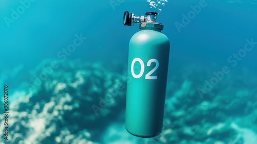 A serene underwater scene featuring a scuba diving oxygen tank floating gracefully over coral reefs. photo