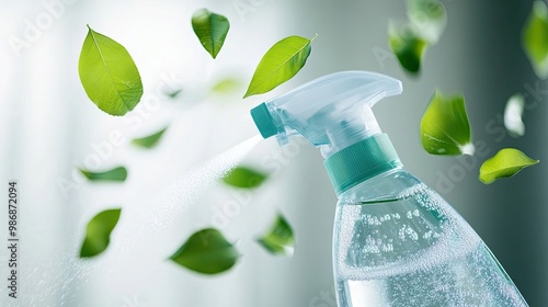 Eco-Friendly Cleaning Concept: Spray bottle with cleaning solution and flying green leaves, symbolizing environmentally conscious cleaning practices. photo