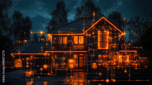 Smart home concept with glowing orange network over suburban house at night