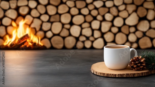 Cozy Coffee Scene by the Fireplace with Pinecone