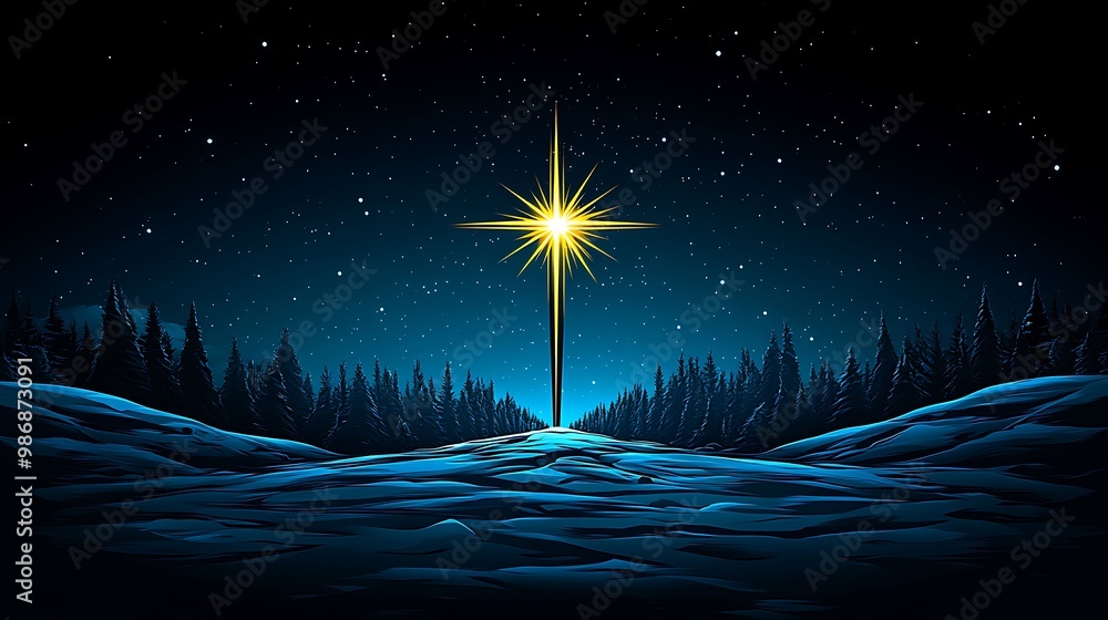 Fototapeta premium Star Over Snowy Landscape at Night
