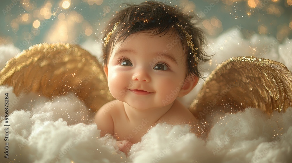 Baby Angel with Golden Wings in Clouds with Sparkling Lights Baby Angel with Golden Wings in Clouds with Sparkling Lights
