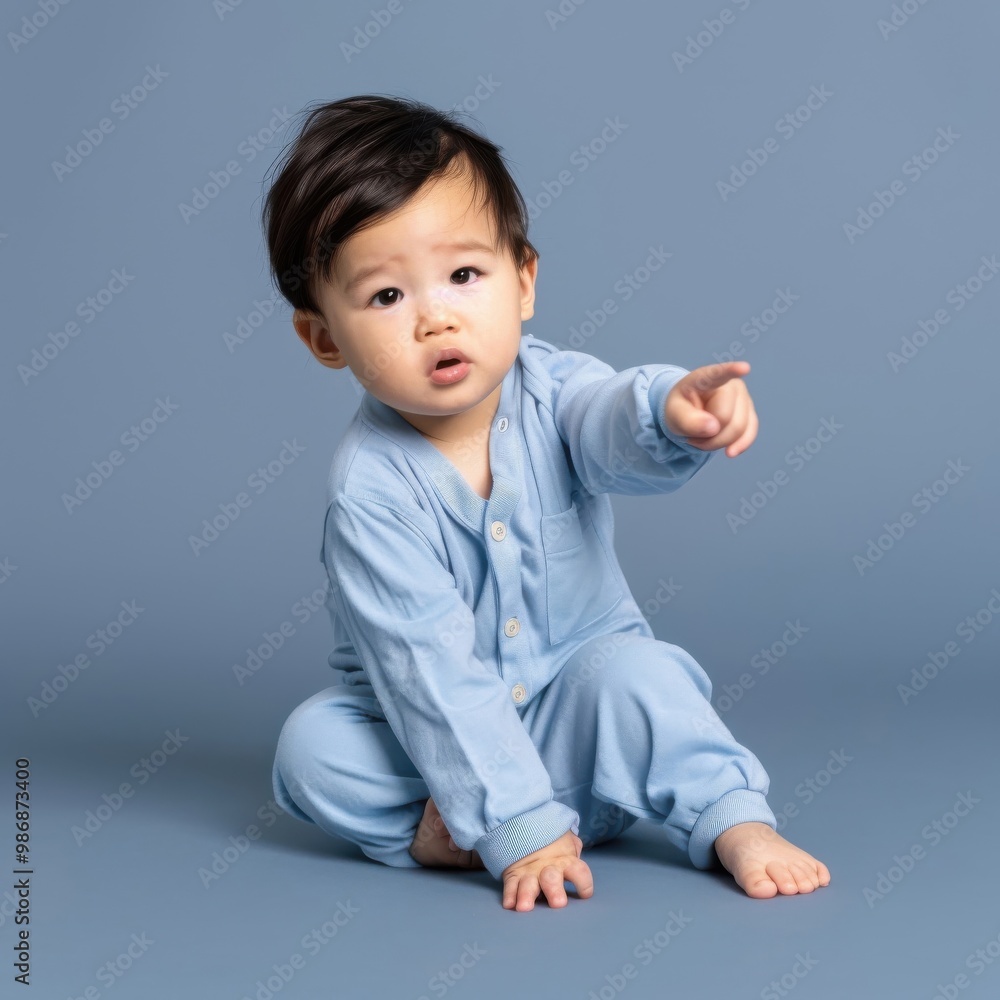Curious Asian Baby Dressed in Blue Pajamas Pointing at Something Fascinating Curious Asian Baby Dressed in Blue Pajamas Pointing at Something Fascinating