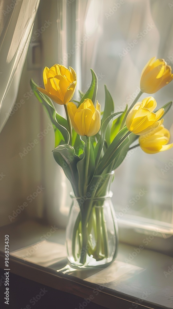 Bouquet of yellow tulips in a vase on the windowsill Bouquet of yellow tulips in a vase on the windowsill
