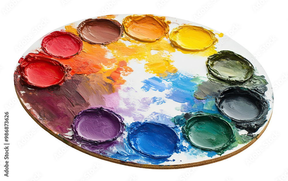 Artistic paint palette with mixed colors, isolated on transparent cutout background Artistic paint palette with mixed colors, isolated on transparent cutout background