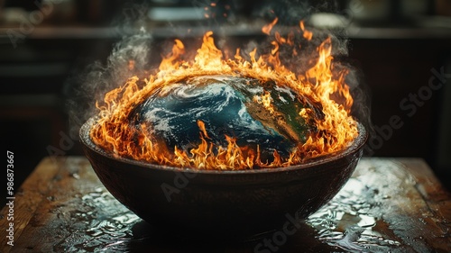 A fiery globe is engulfed in flames within a bowl, creating an intense and dramatic visual effect.