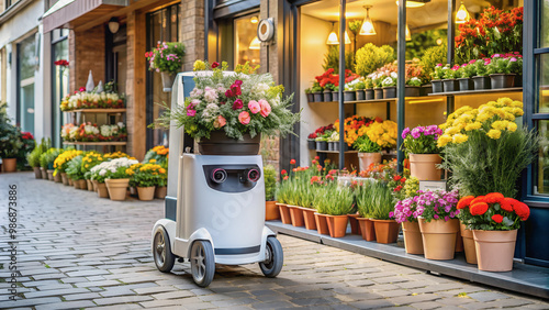 Fototapeta Naklejka Na Ścianę i Meble -  Flower delivery by robot on wheels, at the entrance of a flower shop