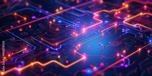 A sophisticated digital roadmap illustrated as a glowing circuit diagram with interconnected pathways, showcasing the path to technological evolution and future planning