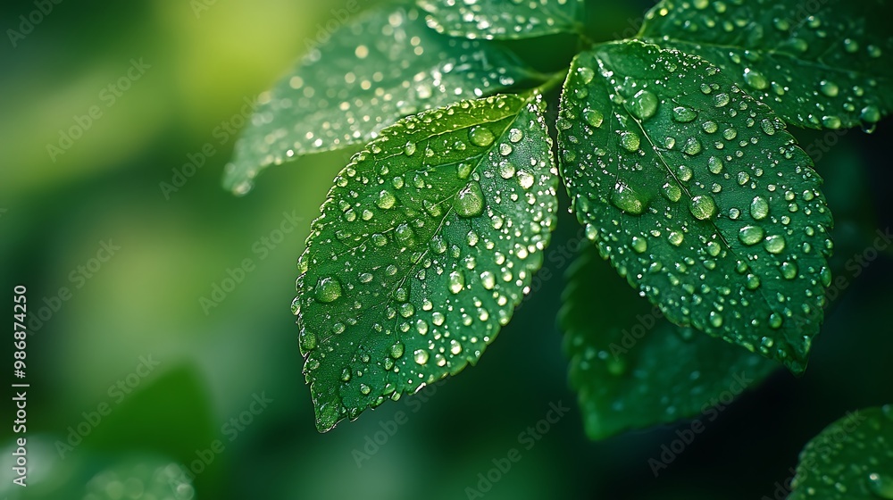 Close-up of green leaves covered in water droplets after rain. Close-up of green leaves covered in water droplets after rain.