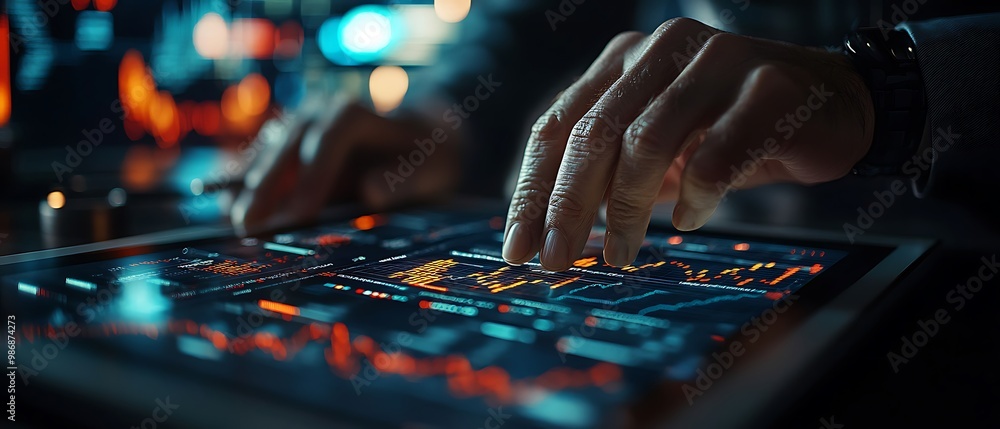 Close-up of hand interacting with tablet displaying financial data. Close-up of hand interacting with tablet displaying financial data.