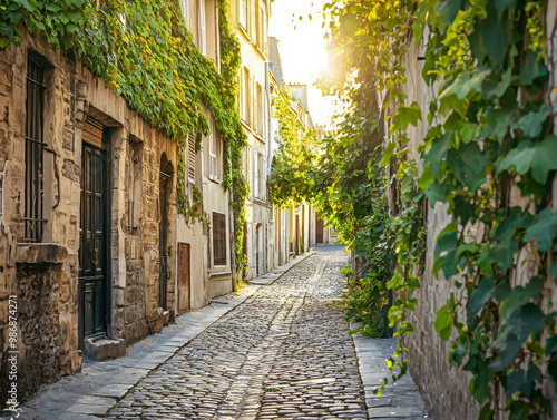Fototapeta Naklejka Na Ścianę i Meble -  A narrow street with ivy growing on the side of the buildings