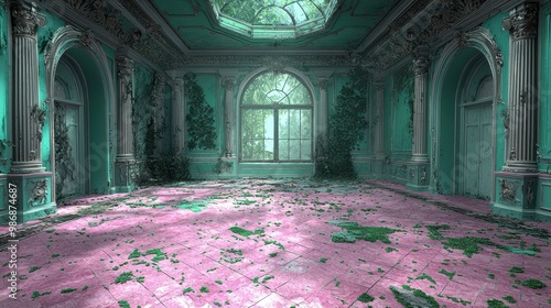 Abandoned Mansion Interior with Green Overgrowth and Pink Tile Floor