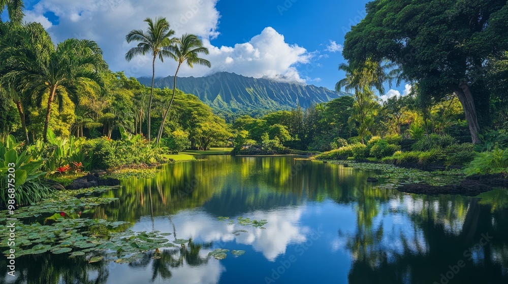 Tropical plants and trees surrounding a serene pond in a Hawaii botanical garden Tropical plants and trees surrounding a serene pond in a Hawaii botanical garden