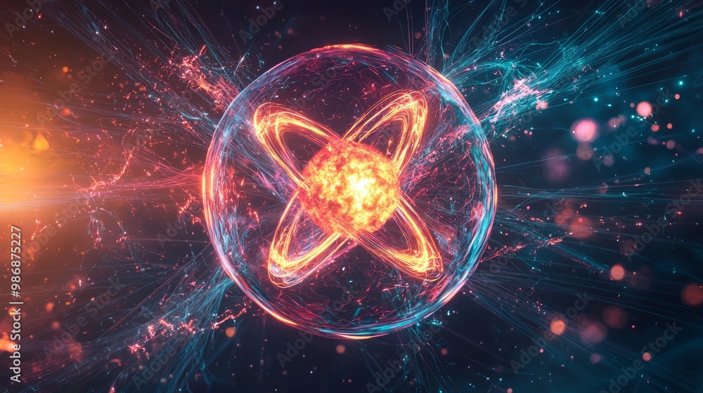 Obraz premium Bursting Energy - Visual Representation of Atomic Fission with Splitting Atom and Radiating Waves