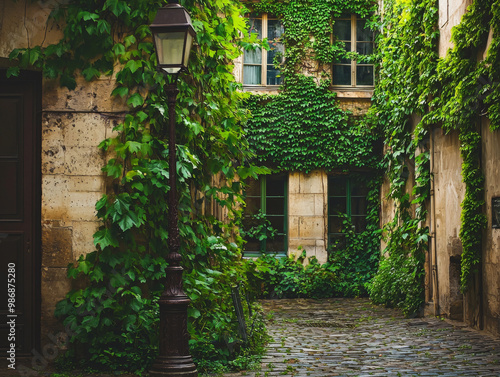 A street with a lamp post and green vines growing on the side of the building photo