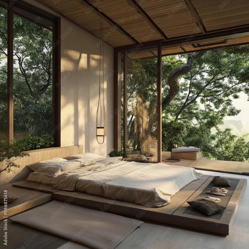 Serene Zen Bedroom with Minimalist Platform Bed and Tranquil Views Serene Zen Bedroom with Minimalist Platform Bed and Tranquil Views