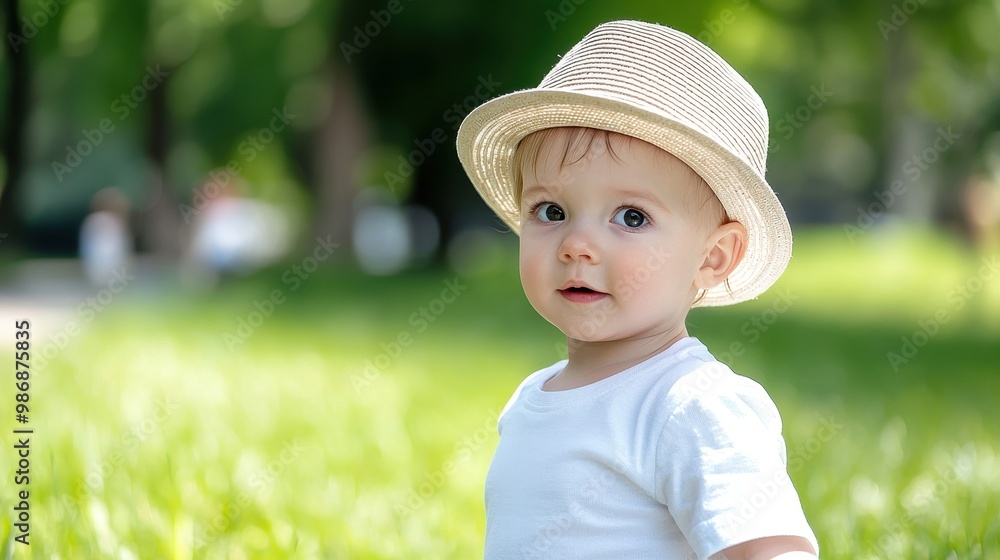 Baby in Straw Hat Enjoying a Sunny Day Outdoors Baby in Straw Hat Enjoying a Sunny Day Outdoors